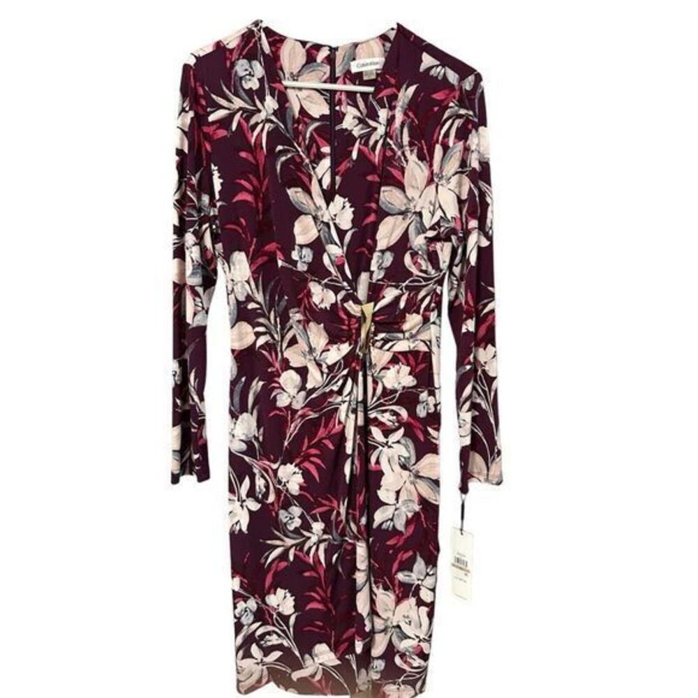 Calvin Klein Burgundy Floral Wrap Dress